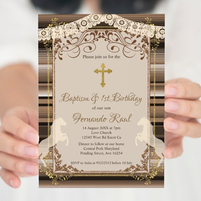 Brown Fiesta Baptism Kor och första födelsedagen Inbjudningar (Skapare uppladdad)