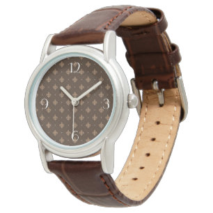 Brown Fleur De Lis Fransk Damask Pattern Armbandsur