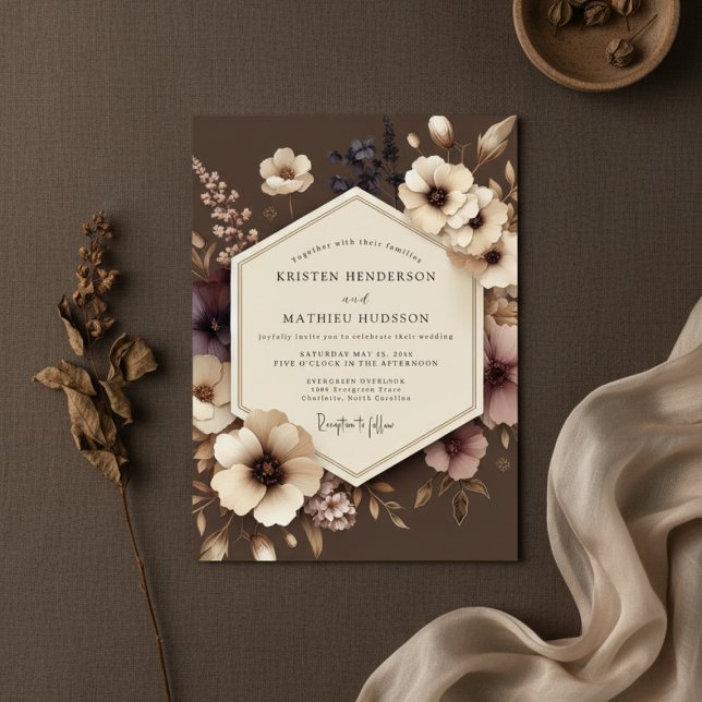 Brown Floral Nocturne Wedding Inbjudningar (Skapare uppladdad)