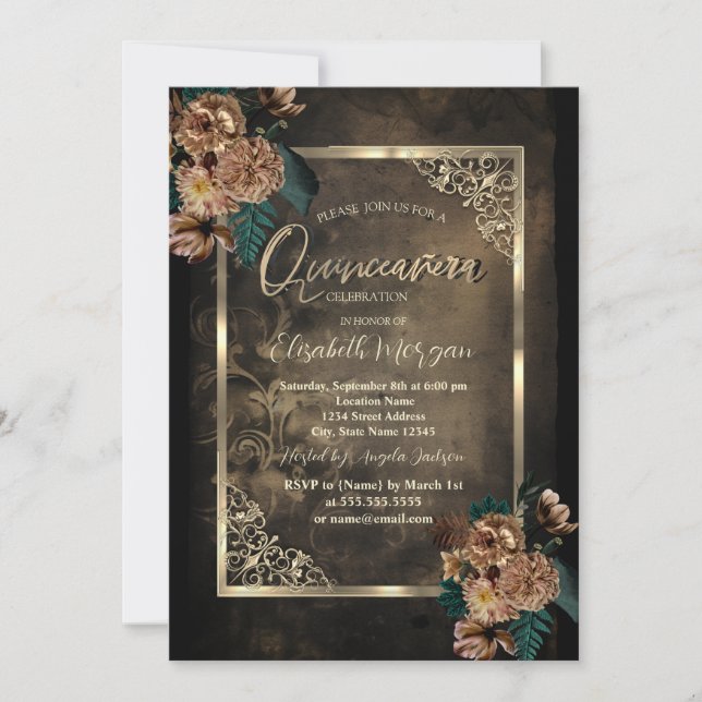 Brown Flowers Guld Ram Gothic Quinceañera Inbjudningar (Framsida)