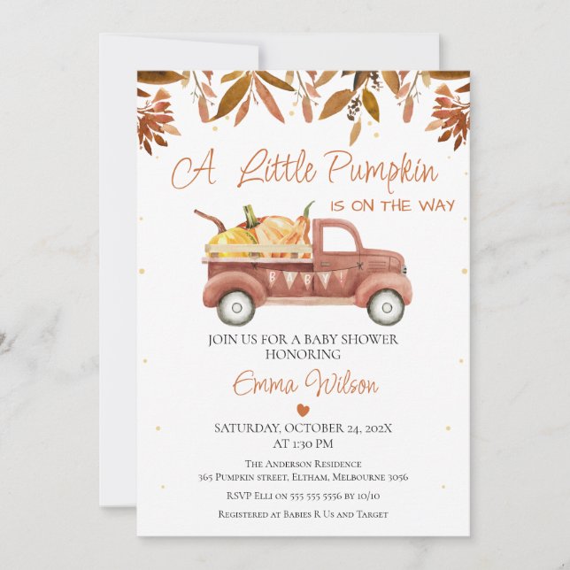 Brown Foliage Heart Pumpkin Lastbil Baby Shower Inbjudningar (Framsida)