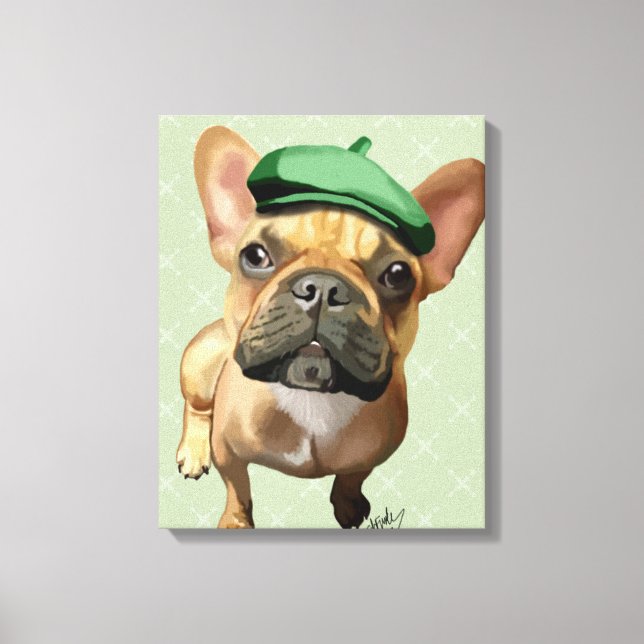 Brown Fransk Bulldog med Grönt Hat Canvastryck (Framsida)