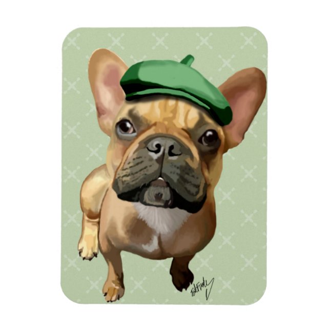 Brown Fransk Bulldog med Grönt Hat Magnet (Vertikal)