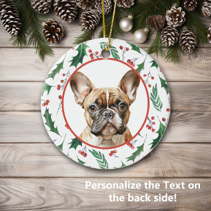 Brown Fransk Bulldog Red Berry Holly Gräns Julgransprydnad Keramik
