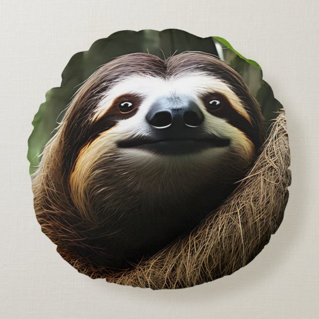 Brown Fuzzy Sloth, fotoblock Rund Kudde (Framsidan)
