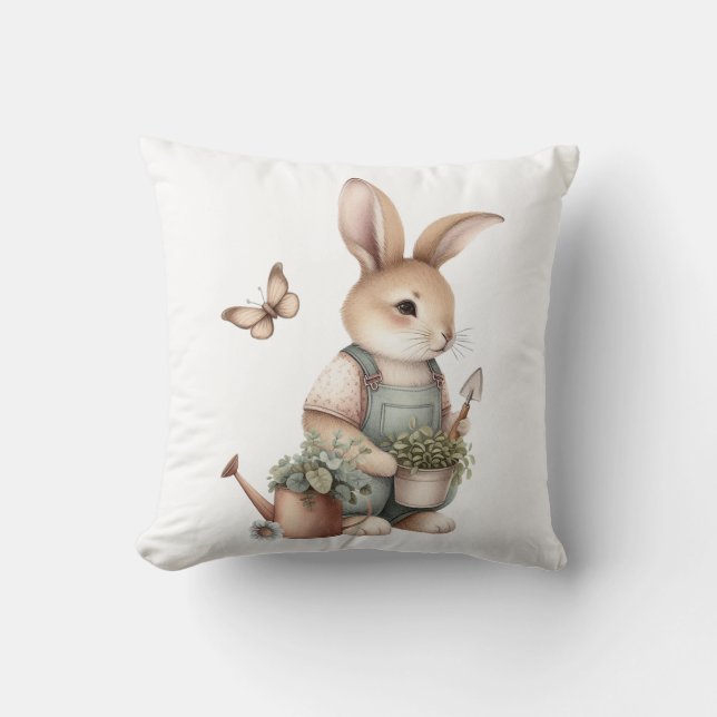 Brown Garden Bunny i Overalls Kudde (Framsida)
