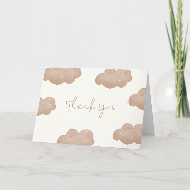 Brown Gender Neutral Boho Clouds Stars Baby Shower Tack Kort (Framsida)
