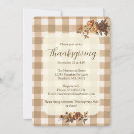 Brown Gingham Autumn Blommigts Thanksgiving Inbjudningar