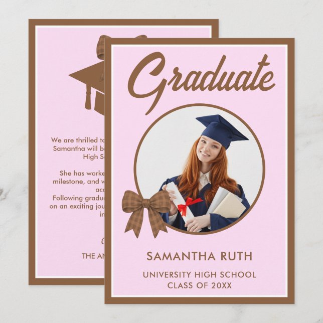 Brown Gingham Bow Photo Graduation Announcement Meddelande (Fram/baksida)