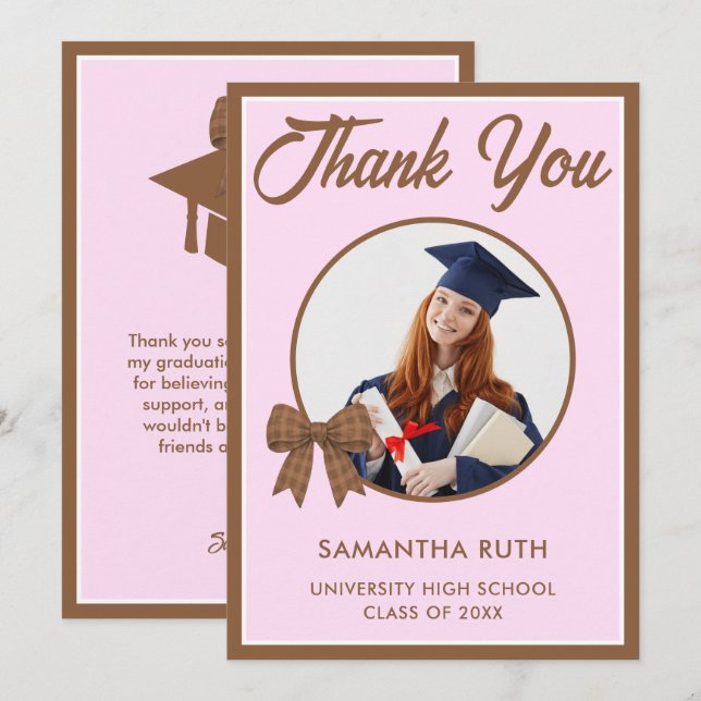 Brown Gingham Bow Photo Graduation Tack Kort (Fram/baksida)