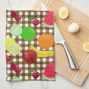 Brown Gingham Check med Fruit Mönster Kökshandduk