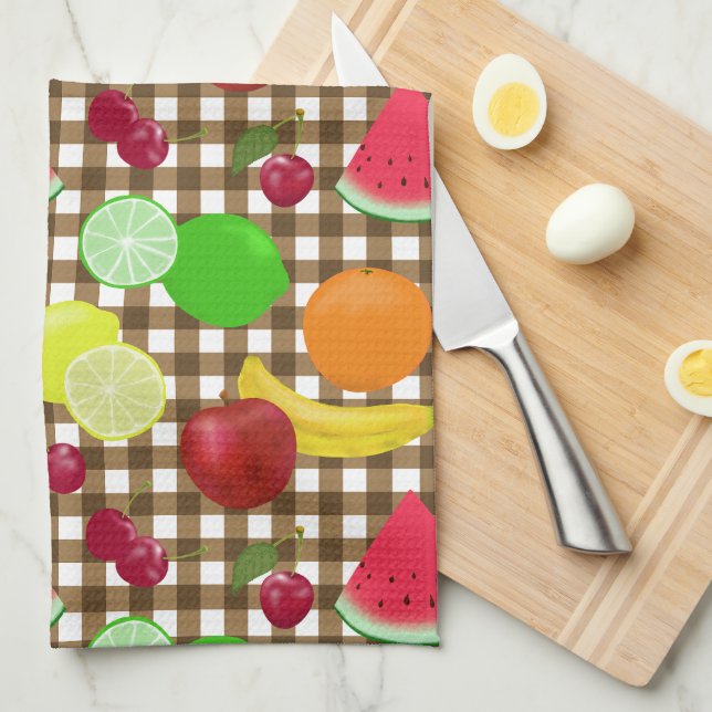 Brown Gingham Check med Fruit Mönster Kökshandduk (Vikt i Fjärdedel)