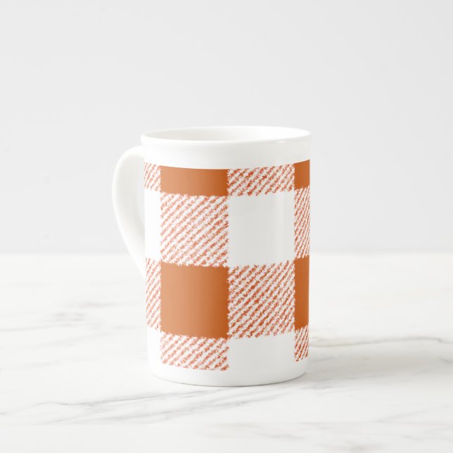 Brown Gingham Check Mönster Benporslin Mugg (Framsida vänster)