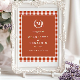 Brown Gingham Monogram Vapensköld Bröllop Välkomme Poster