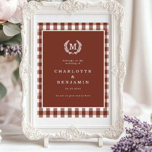 Brown Gingham Monogram Vapensköld Bröllop Välkomme Poster