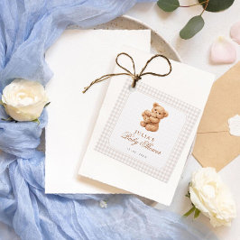 Brown Gingham Teddy Bear Neutral Baby Shower Paper Gåvor Etiketter