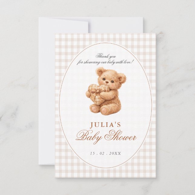 Brown Gingham Teddy Bear Neutral Baby Shower Paper Inbjudningar (Framsida)