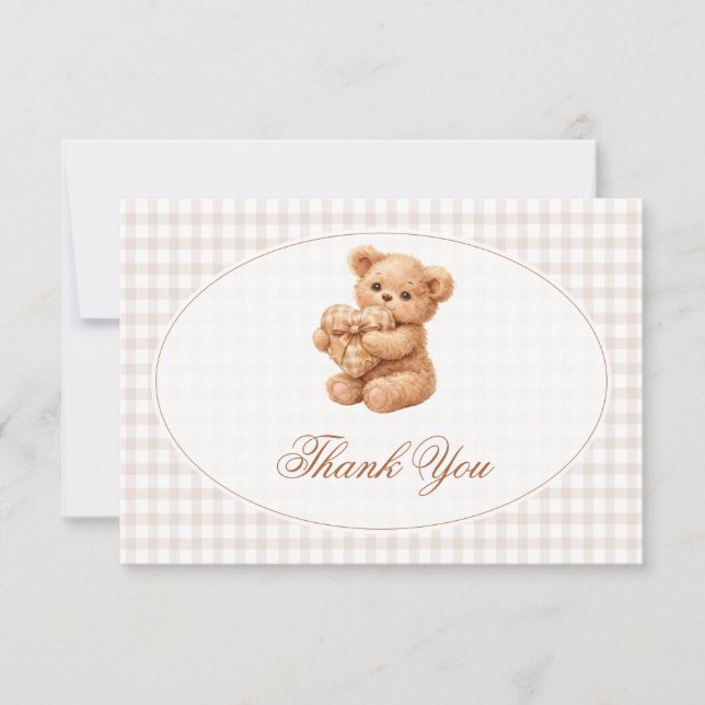 Brown Gingham Teddy Bear Neutral Baby Shower Paper Inbjudningar (Framsida)
