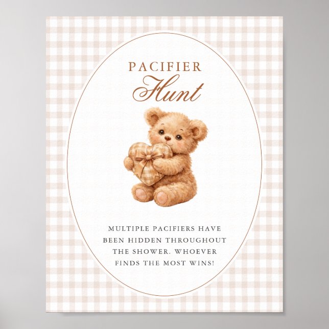 Brown Gingham Teddy Bear Neutral Baby Shower Paper Poster (Framsidan)