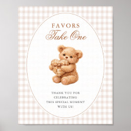 Brown Gingham Teddy Bear Neutral Baby Shower Paper Poster