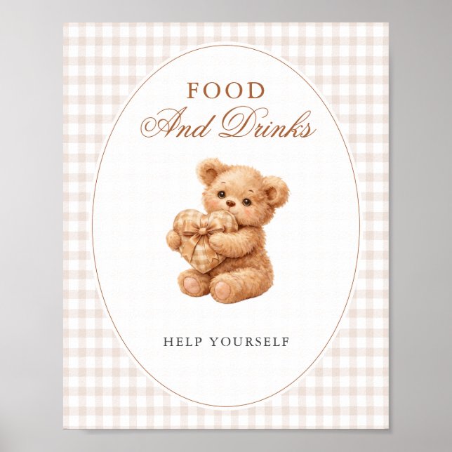 Brown Gingham Teddy Bear Neutral Baby Shower Paper Poster (Framsidan)