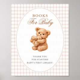 Brown Gingham Teddy Bear Neutral Baby Shower Paper Poster
