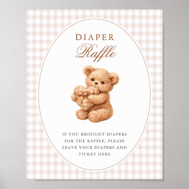 Brown Gingham Teddy Bear Neutral Baby Shower Paper Poster (Framsidan)