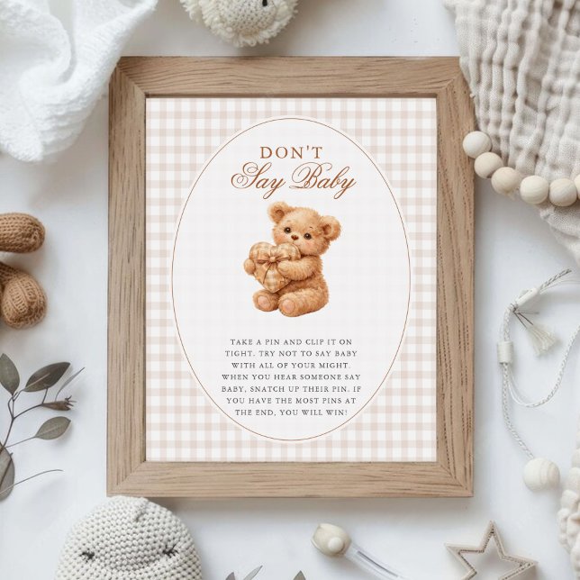 Brown Gingham Teddy Bear Neutral Baby Shower Paper Poster (Skapare uppladdad)