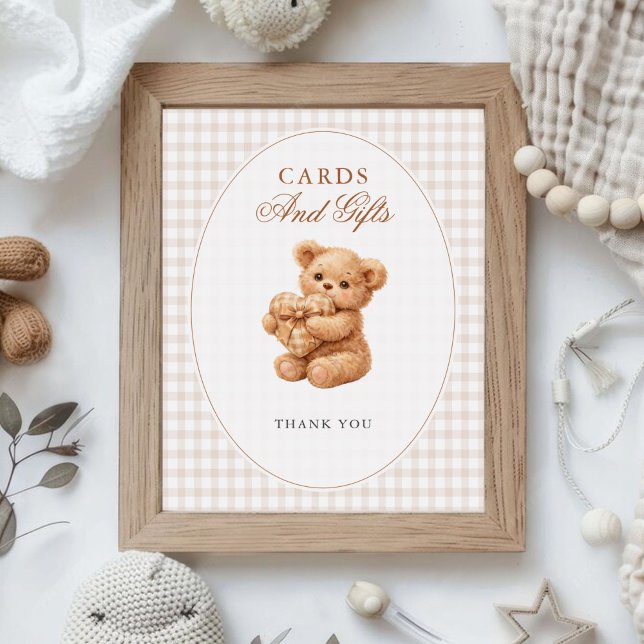 Brown Gingham Teddy Bear Neutral Baby Shower Paper Poster (Skapare uppladdad)