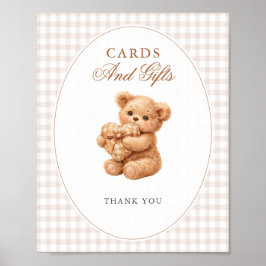 Brown Gingham Teddy Bear Neutral Baby Shower Paper Poster