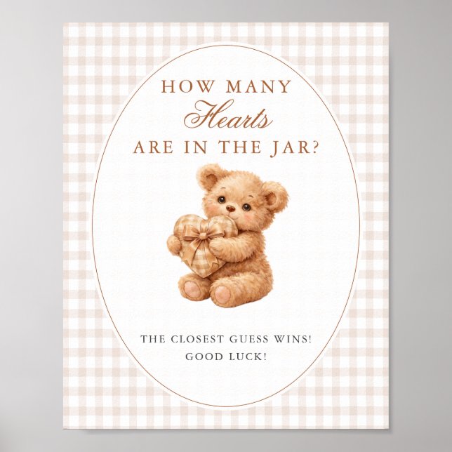 Brown Gingham Teddy Bear Neutral Baby Shower Paper Poster (Framsidan)