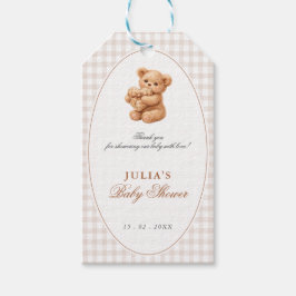 Brown Gingham Teddy Bear Neutral Baby Shower Paper Presentetikett