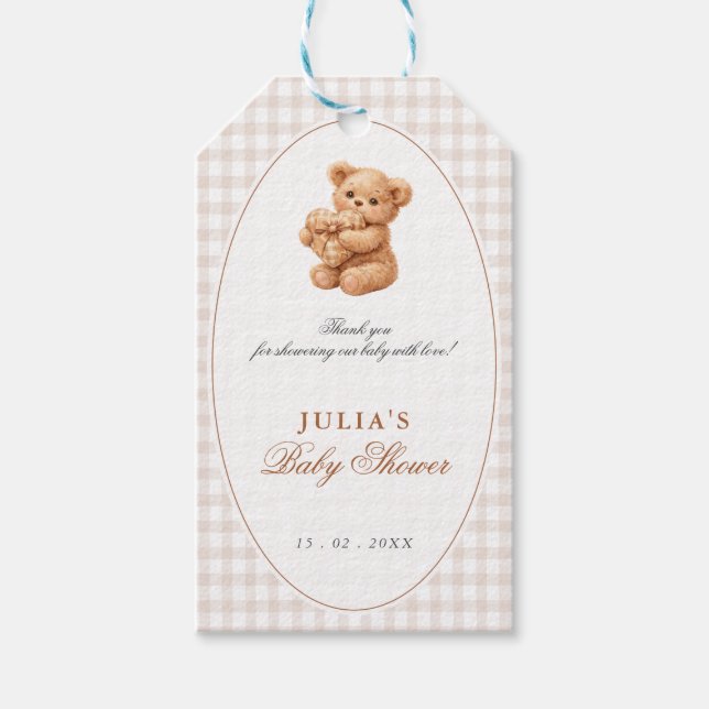 Brown Gingham Teddy Bear Neutral Baby Shower Paper Presentetikett (Framsidan)