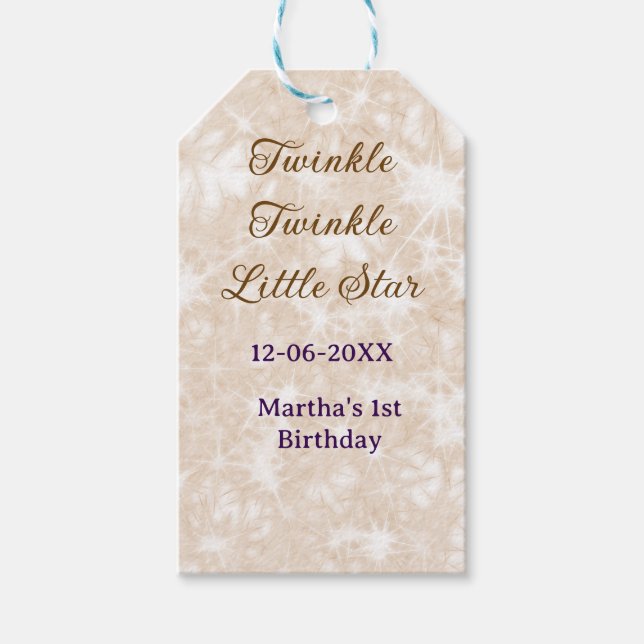 Brown glitter twinkle twinkle little star birthday presentetikett (Framsidan)