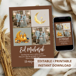 Brown Gold 2 Photo Grid Eid Mubarak Family Photo Julkort
