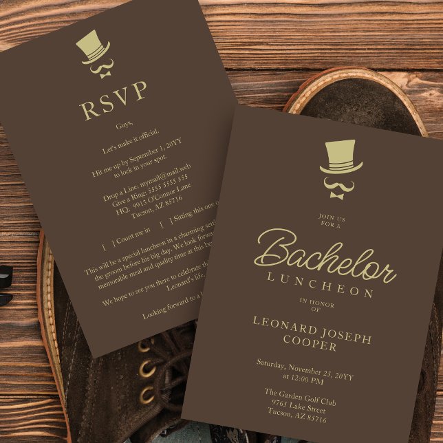 Brown Gold Chic Funny Gentleman Bachelor Luncheon Inbjudningar (Brown & Fake Gold Chic Funny Gentleman Bachelor Luncheon Invitation with Envelope.)
