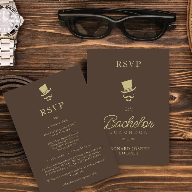 Brown Gold Chic Funny Gentleman Bachelor Luncheon OSA Kort (Brown & Fake Gold Chic Funny Gentleman Bachelor Luncheon RSVP Card.)