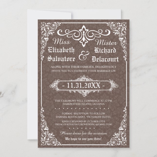 Brown Gothic Victorian Damask Wedding Inbjudan (Framsida)