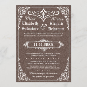 Brown Gothic Victorian Damask Wedding Inbjudan