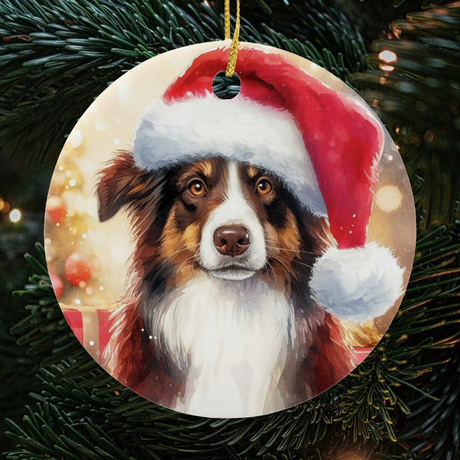 Brown Gräns Collie Santa Hat jul Julgransprydnad Keramik (Skapare uppladdad)