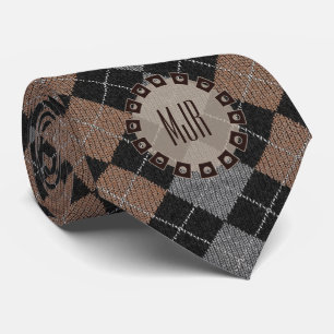 Brown Grått och Black Argyle Mönster Monogrammed Slips