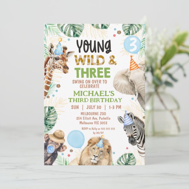 Brown Green Blue Young Wild Three 3rd Birthday Inbjudningar (Stående Fram)
