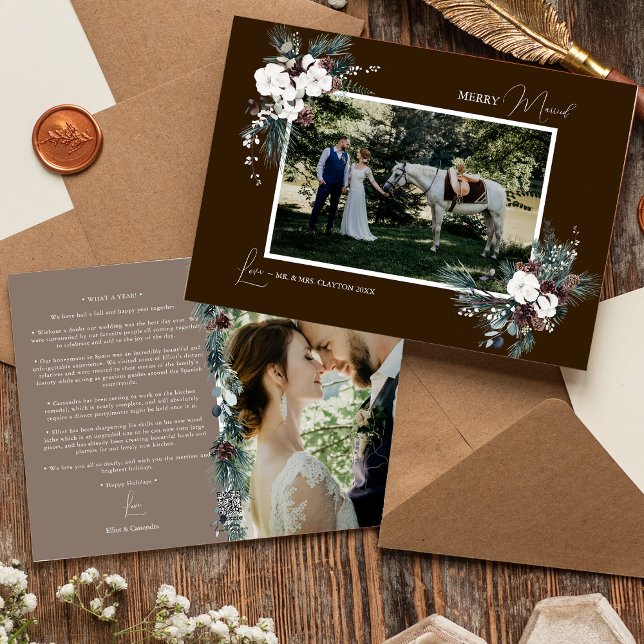 Brown Greenery Vintage Merry Married Photo Julkort (Skapare uppladdad)