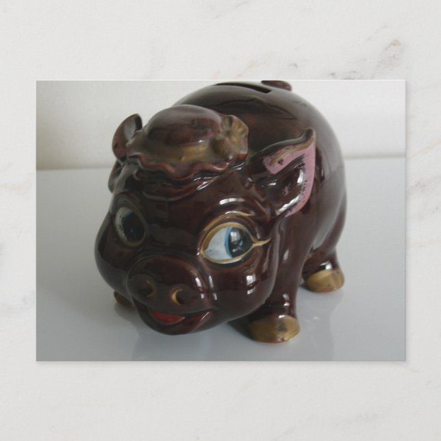 Brown Gris Piggy Bank Vykort (Framsida)