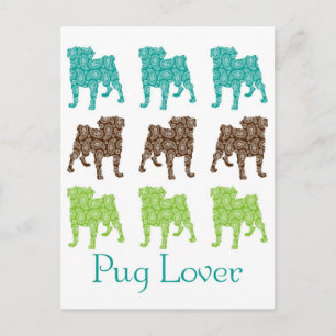 Brown, Grönt och Teal Paisley Pugs Vykort