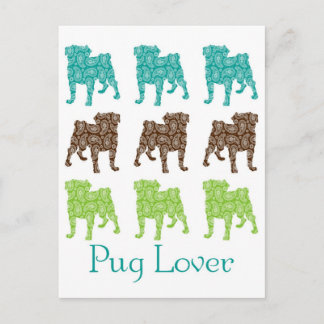 Brown, Grönt och Teal Paisley Pugs Vykort