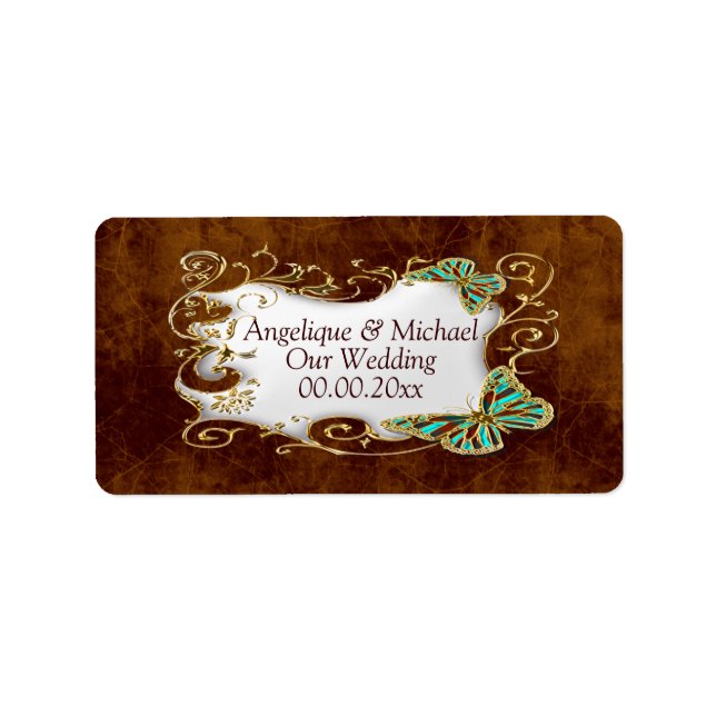 Brown guld aqua bröllop vin sälar adressetikett (Framsidan)