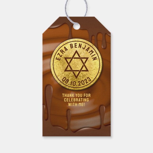 Brown Guld Chocolate Pub Mitzvah eller Bat mitzvah Presentetikett (Framsidan)