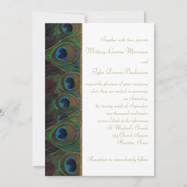 Brown, Guld Peacock Feathers Bröllbjudan Inbjudningar (Framsida)