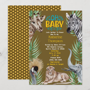 Brown Gult Safari Jungle Animals Baby Shower Inbjudningar